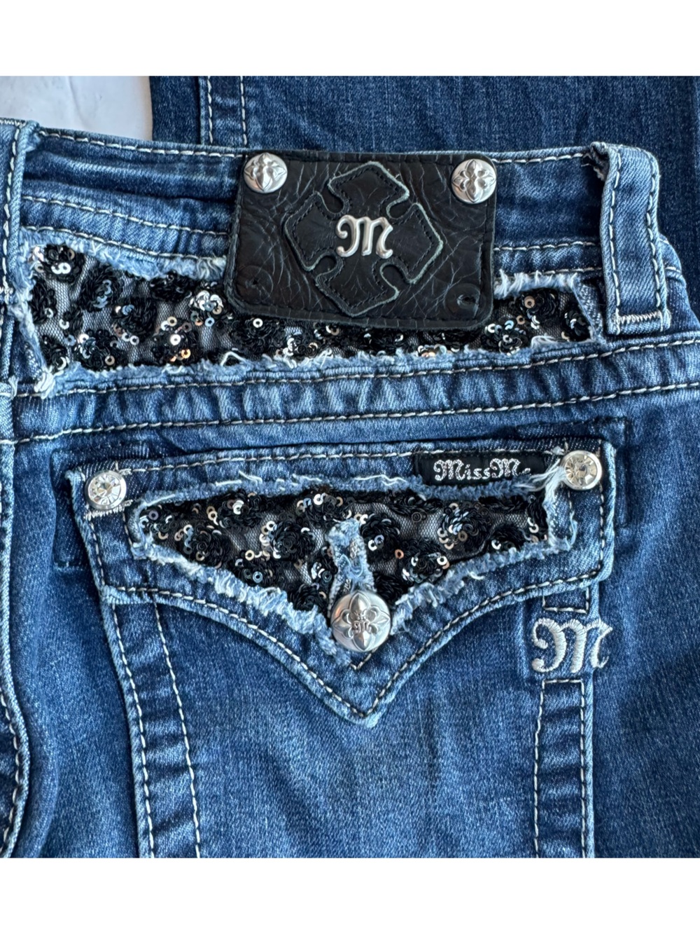 Y2K Miss Me Black Sequin Flap Pocket Bootcut Jeans Size 30 Low Rise Bootbarn - Picture 7 of 14
